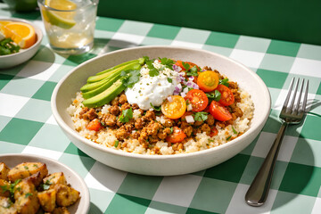 Healthy Grain Bowl with Avocado and Vegetables on Modern Table Setting