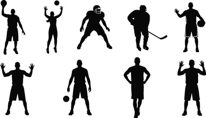 Obraz premium Black vector silhouette set of diverse athletes playing basketball volleyball hockey and american football for team sports fitness training competition and athletic lifestyle branding