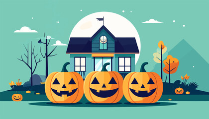 A whimsical Halloween scene featuring a charming house, grinning pumpkins, and spooky trees under a moonlit sky