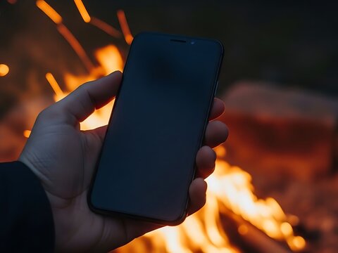 Hand holding smartphone with blank screen near campfire at night