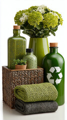 Two wooden crates hold plants and green materials in a simple display. Recycling symbols are featured on containers to promote eco-friendly practices for Earth Day