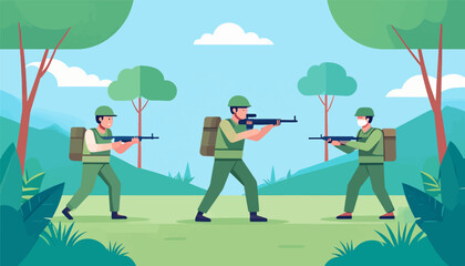 Three soldiers in uniform with rifles in a lush green forest landscape with blue sky and clouds