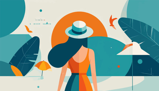 Stylized depiction of a person in a hat and swimsuit on a beach with abstract natural elements