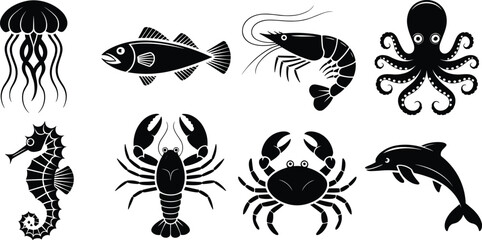 Black vector silhouette set of diverse marine life including octopus jellyfish dolphin seahorse crab lobster shrimp and fish for sea nature and seafood restaurant branding, © Abida