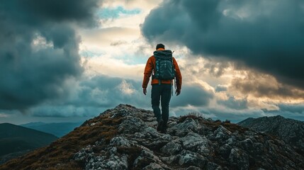 Hiker summit mountain clouds