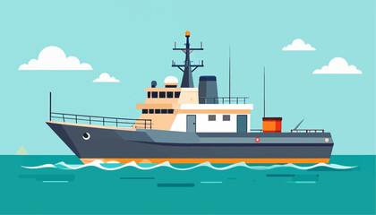 Obraz premium A modern, multi-level vessel navigates calm turquoise waters under a clear blue sky with fluffy white clouds