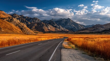 Winding asphalt road through a golden autumn prairie with majestic mountain peaks under a blue sky