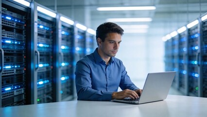 Man working on laptop in server room