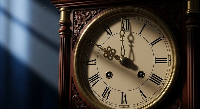 Elegant antique clock shows time with shadow patterns on blue wall.