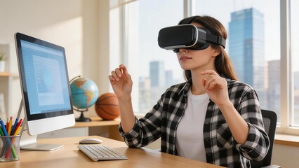 Woman using VR headset at desk