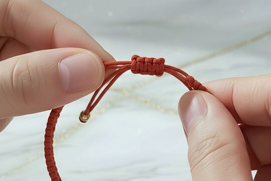 Hands Adjusting Red Cord Bracelet with Sliding Knot Closure