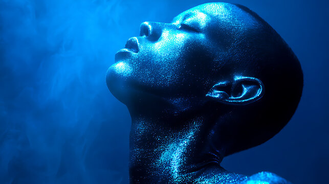 A portrait of a person in a state of tranquility, bathed in blue light. The person's eyes are closed, with an expression of serenity on their face, emanating a feeling of calmness and introspection