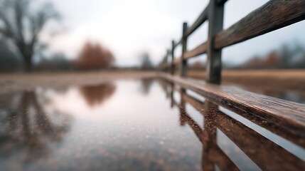 A close-up view of a wet wooden fence reflected in a puddle on a rainy day with a blurred, muted autumn background.