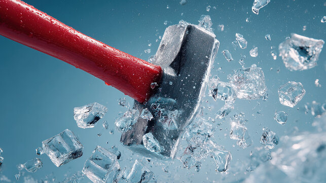 Shattering the Barrier: An axe strikes, shattering a solid block of ice into a shower of crystalline fragments, symbolizing breaking through obstacles and the power of transformation.