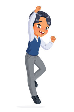 Young Asian school boy jumping with one hand in the air. Cartoon vector illustration.