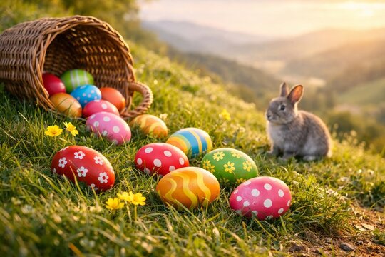 View of Easter eggs with clearly defined patterns spilled out of the wicker basket on green gress field with blooming yellow wildflowers on the slopes hillside near a single gray rabbit.