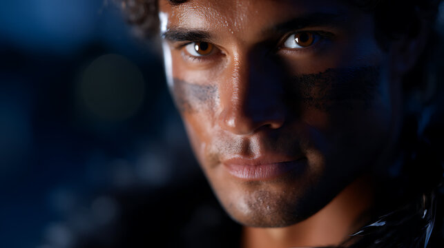 An intense portrait of a determined man with eye markings, staring with fierce resolve. He embodies strength and focus. 