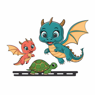 Cute Baby Dragon with tortue Cartoon Line Art Illustration