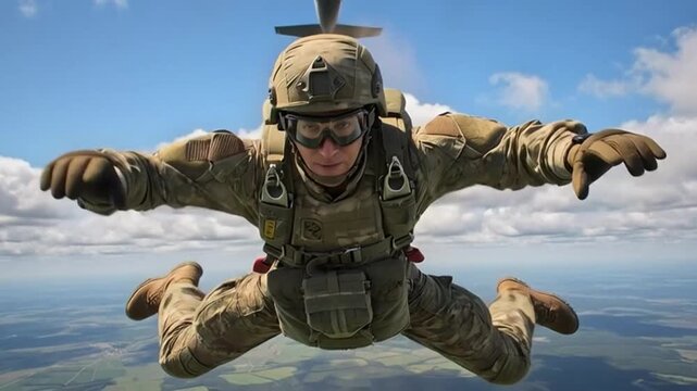 Military Skydiver Jumps From Aircraft Mid-Flight Over Landscape