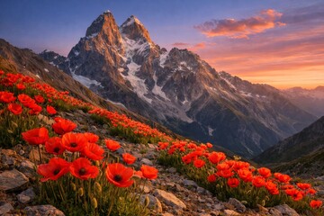 View of natural rows of vibrant red wild alpine poppies growing along a gently sloping hillside of mixed soil and scattered rocks with high snow patches mountain in the evening sunset light.