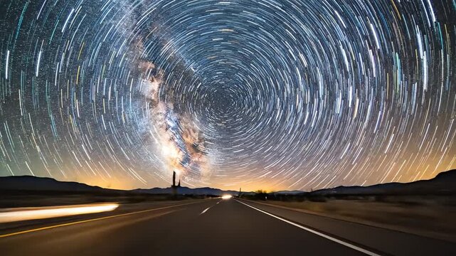 A stunning long exposure astrophotography shot captures the cosmic star trails rotating above a dark highway, complemented by bright vehicle light streaks.