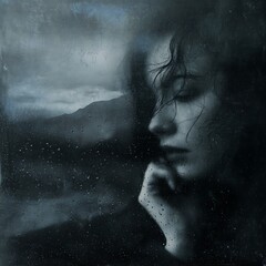 Fototapeta premium A contemplative woman gazes through a rain-covered window, her expression somber and introspective in a moody, dark atmosphere.