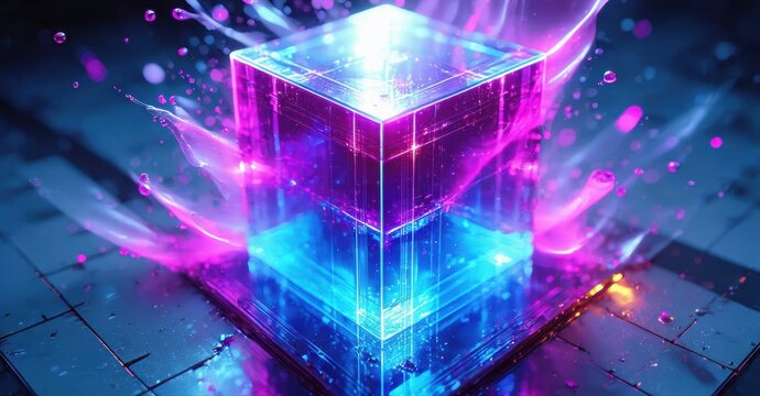 Glowing cubes stack upon dark surface. Vibrant purple, blue light emanates, creating futuristic effect. Particles float around structure.