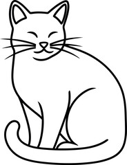 Obraz premium Charming black and white line drawing of a smiling cat sitting contentedly, isolated on white background.