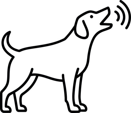 Minimalist black and white line drawing of a dog barking with sound waves, isolated on white.