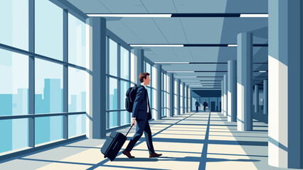 Business traveler with luggage walking through sunlit airport terminal