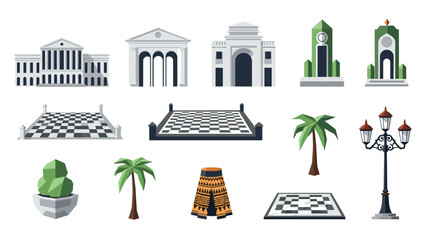Fototapeta premium Flat architectural icons: classic buildings, chess boards, and tropical elements