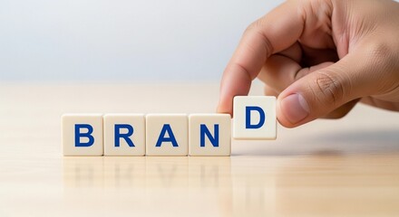 Fototapeta premium A hand places the letter D tile to complete the word BRAND, symbolizing brand development and strategic marketing.