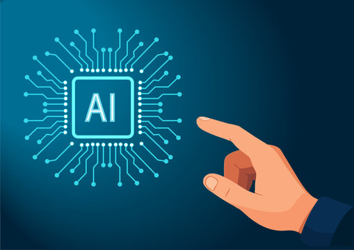 Human hand touching glowing AI microprocessor chip, Artificial Intelligence and future technology