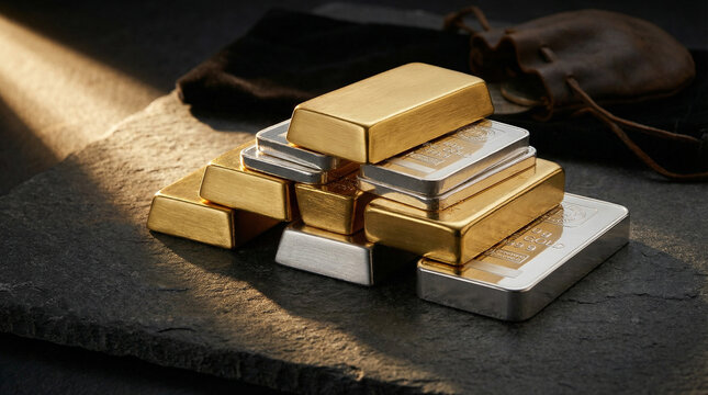 Stack of gold and silver bars with scattered gold coins on a dark surface, evoking wealth, investment, finance and precious metals for banking, economy and luxury concepts.