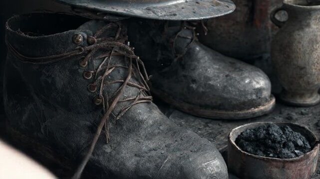 Close up of worn leather boots and pottery against a dark background
