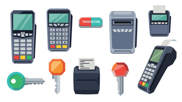 Modern payment terminals and keys collection for retail and security concepts