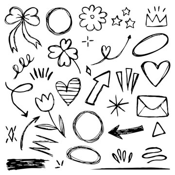 Hand Drawn Doodle Elements Set, Cute Sketch Shapes Collection, Arrows Hearts Stars Decorative Clipart