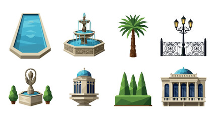 Obraz premium Elegant garden elements: fountains, gazebo, lanterns, and greenery in flat design