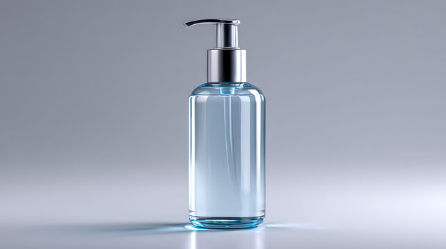 A close-up shot of a transparent pump bottle containing liquid solution. The bottle is made of glass and features a silver pump dispenser. 