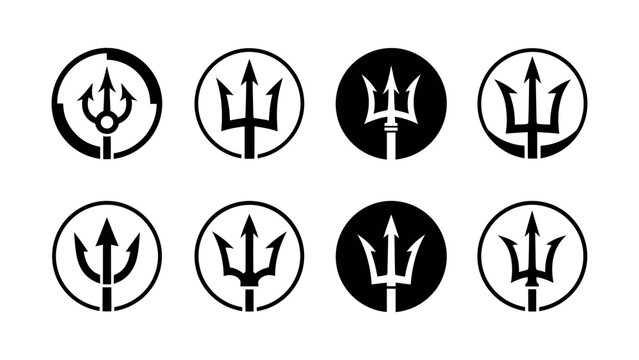 Set of Eight Trident Icons, Minimalist Spear Symbols in Circular Frames, Flat Vector Illustration Isolated on White Background for Logo and Branding