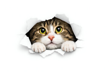Cute Tabby Cat Peeking Through Ripped White Paper Wall with Copy Space