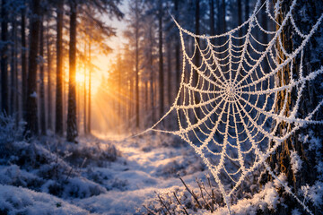 Frost Covered Spider Web Glowing in Winter Forest at Sunrise
