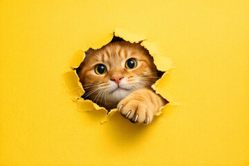 Curious Orange Tabby Cat Peeking Through Torn Yellow Paper Background with Copy Space