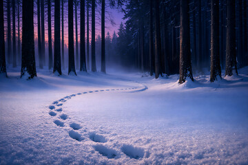 Mysterious Snowy Forest Path with Footprints at Dusk