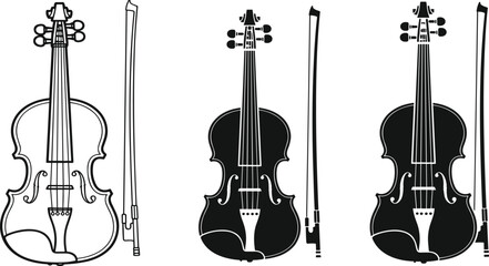 Three Violins with Bow in Black and White Line musical instrument © MdAbdulHamad