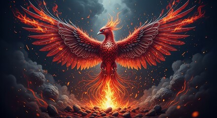 Majestic Phoenix Rising: Fiery Wings Against Stormy Skies, Mythical Rebirth