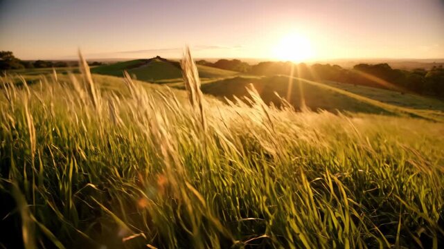 Sunlit field with tall grasses dominating the foreground and rolling hills in the background under a warmtoned sky