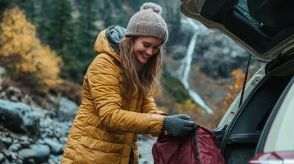 Woman loading car autumn