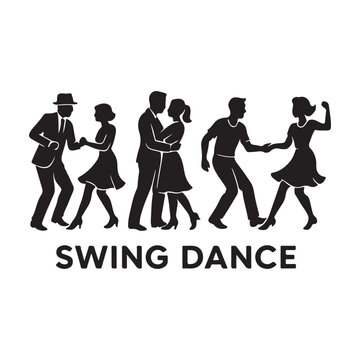 Group of Couples Dancing Retro Swing and Lindy Hop Silhouette.