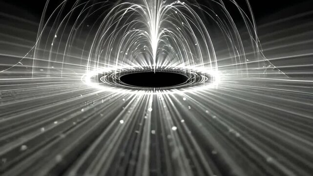 Energetic light streams emanate from a central dark void, creating a dynamic, abstract effect
